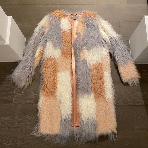 ASOS Patched Faux Fur Coat Size 4 BURNING MAN - Picture 2 of 4